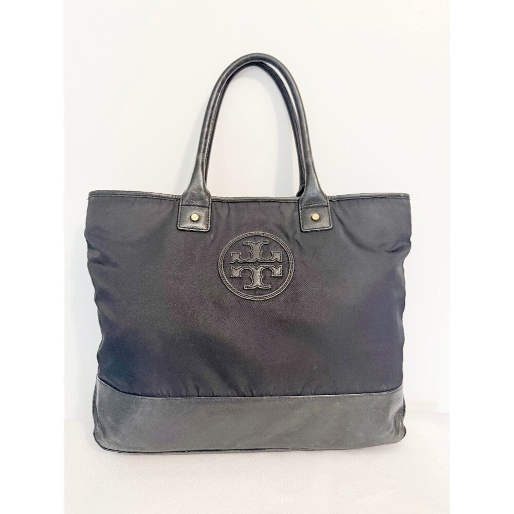 Tory Burch Black Slouchy Nylon Tote – Leather Trim, Striped Lining Description: